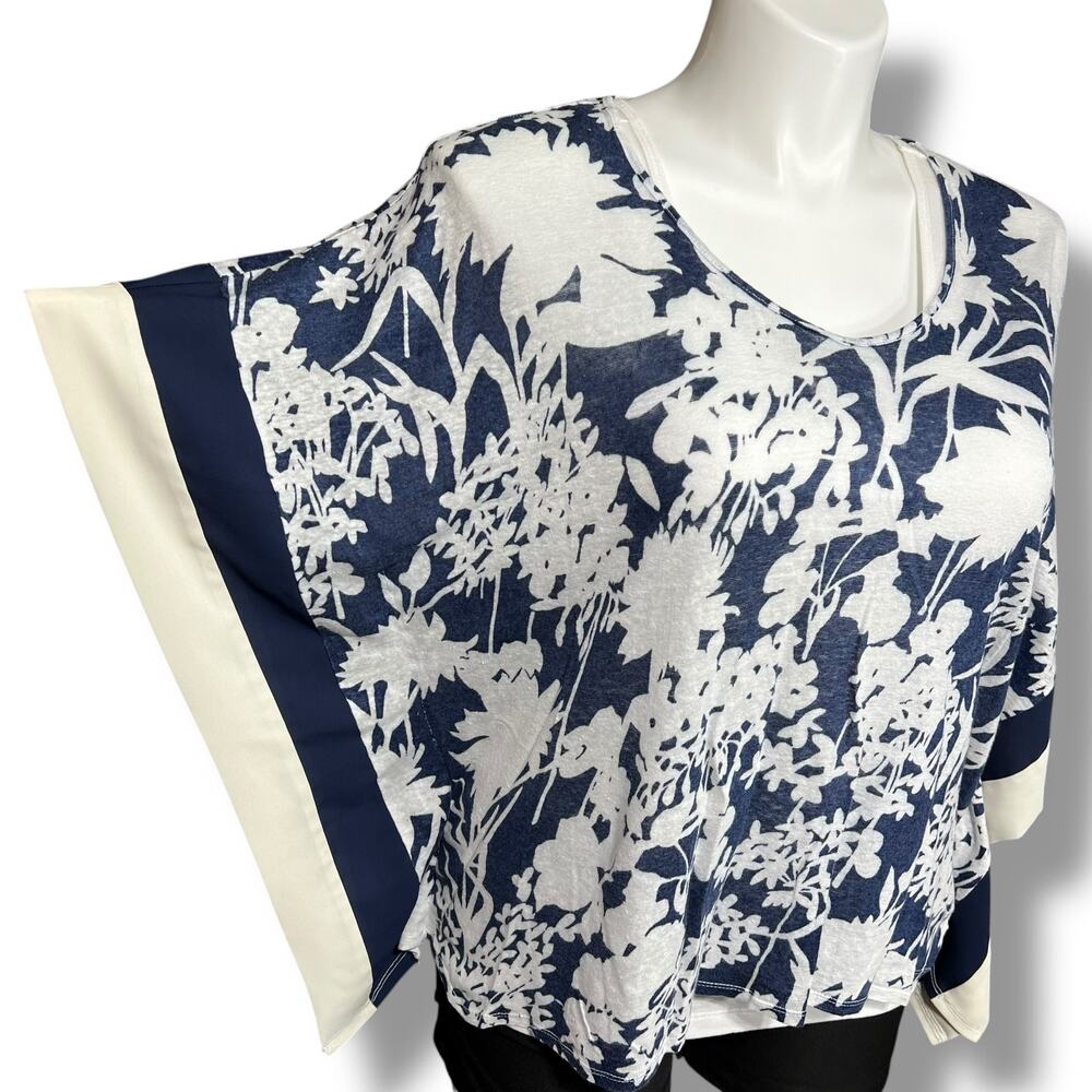 Coldwater Creek Womens Kimono Blouse Shirt Top Linen Floral Pullover Blue White